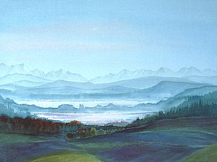 Morgendämmern über Pilsen- und Ammersee (54 x 35 cm, Aquarell) - verkauft !