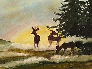 Rehe am Morgen (38 x 29 cm, Aquarell) - verkauft!