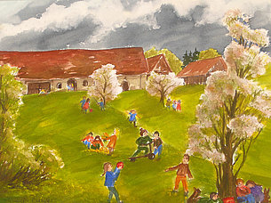 Spiel unter Blütenbäumen (38 x 29 cm, Aquarell)