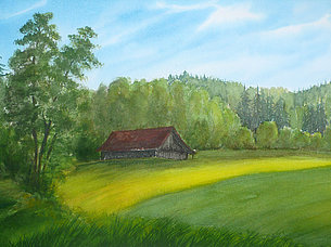 Hütte im Wiesengrund (54 x 35 cm, Aquarell)