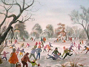Eisspaß auf dem Badenburgsee im Schloßpark Nymphenburg (38 x 29 cm, Aquarell)