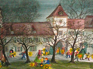 Lichterzug im Hof der Blutenburg (38 x 29 cm, Aquarell)