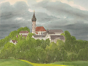 Kloster Andechs (54 x 44 cm, Aquarell)