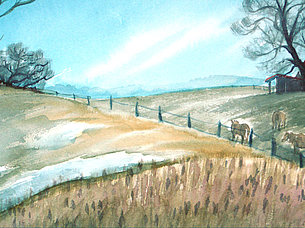 Pferde auf der Koppel (32 x 24 cm, Aquarell)